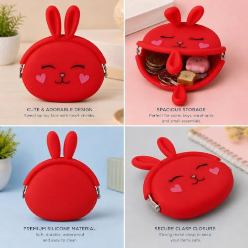 Image of FunBlast Cute Bunny Shape Silicone Coin Purse for Kids & Adults - Mini Pouch for Coins, Earphones, Keys & Small Essentials, Aesthetic Pouches for Girls & Women - 12 X 9.5 X 3 Cm (Bunny-Red)