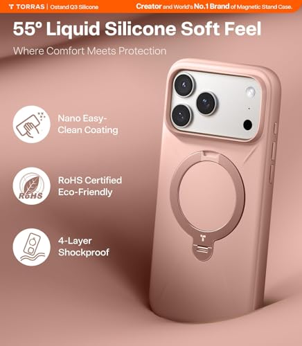 Image of TORRAS Ostand Q3 Silicone for iPhone 17 Pro Case | Luxury 55 Liquid Silicone | 360 Click-Lock Rotating Stand Cover | Fit for MagSafe | Camera Control | Premium Imported | Bliss Pink