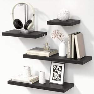 Black Floating Shelves with Invisible Bracket, Rustic Wood Wall Mounted Shelves Set of 4, Hanging Wall Shelves Display for Room Wall Decor, Living Room, Bedroom, Kitchen, Bathroom – Black