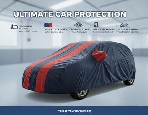 Image of Waterproof CAR Cover for Nissan MICRA | Mirror Pockets & Elasticized Hem | HIGH Material Quality Nissan MICRA CAR Cover (REDSTRIP)