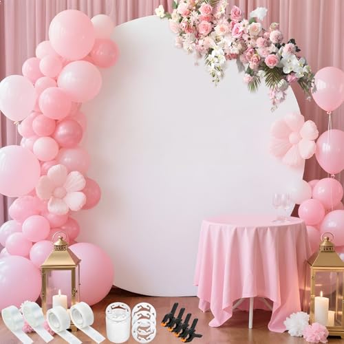 Tidponra 7.2ft White Round Backdrop Cover with Balloon Arch Clips Kit - Adjustable Polyester Circle Arch Backdrop Cover for Wedding Birthday Party Photography Decoratio