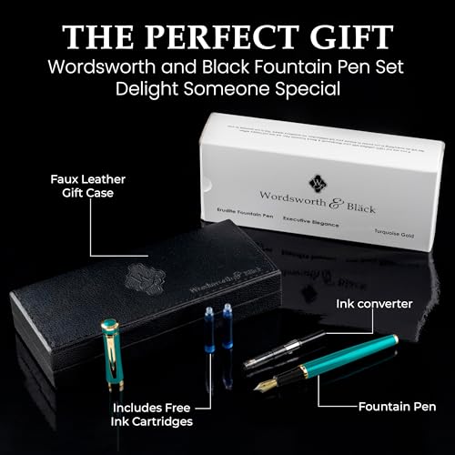 Wordsworth & Black Elegant Fountain Pen, Turquoise Gold, Refillable, Premium Writing Instrument