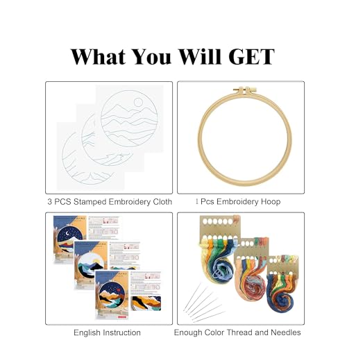 Image of GLTAYLMY 3 Set Landscape Embroidery Kits for Beginners with Mountain Sun Moon Pattern,Adults Starter Cross Stitch Kit DIY Needlepoint Kits