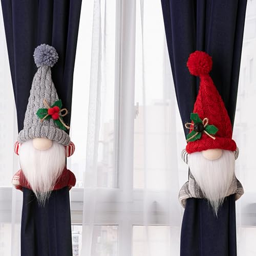 eBoutik - Set of 2 Christmas Curtain Tiebacks Holdbacks - Window, Tree, Stairs, Doors, & Curtain Holder, Faceless Gonk Elf Santa Doll Decoration for Home (Knitted)