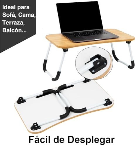 Bandeja Mesa Plegable para Cama con Ranura para Tablet, Escritorio Portátil para Ordenador, Lectura y Desayuno, Mesa Auxiliar con Patas Estables Antideslizantes, Superficie Efecto Madera, 60x40x26cm - imagen 3