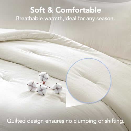 Image of Queen Comforter Set Prewashed Lightweight Quilted Bedding for All Season | 3PCS Cream White Breathable Down Alternative Bedding Set with 1 Solid Comforter (90 inchx90 inch) and 2 Soft Pillowcases