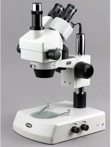 Image of AmScope SM-2TZ-DK Professional Trinocular Stereo Zoom Microscope, WH10x Eyepieces, 3.5X-90X Magnification, 0.7X-4.5X Zoom Objective, Upper and Lower Halogen Lighting, Pillar Stand, 110V-120V, Includes Darkfield Condenser and 0.5X and 2.0X Barlow Lenses
