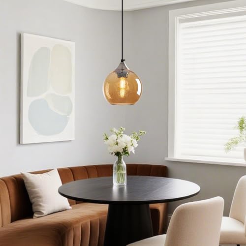 Image of Amber Glass Pendant Lights Kitchen Island Globe Pendant Light Fixtures Modern Pendant Lighting for Bedroom Living Dining Room Light Fixture (5.9 in, 3 Pack)
