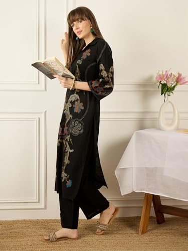 Image of INDO ERA Women's Pure Cotton Floral Embroidered Straight Kurta & Palazzo Set | Cord Set For Women Cotton