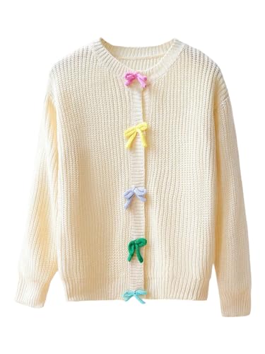 OYOANGLE Girl's Colorful Bow Cardigan Sweater Long Sleeve Crewneck Button Up Knit Sweaters