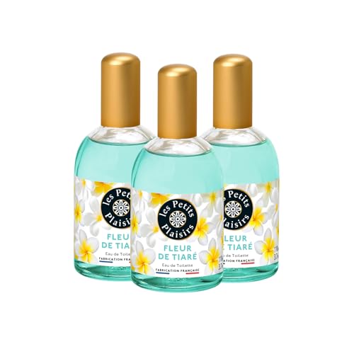 Les Petits Plaisirs - Lot de 3 - Eau de toilette Fleur de tiaré. Eau de toilette femme, Florale & Solaire. Coffret cadeau. Made in France. 110ml