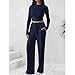 Womens 2 Piece Outfit Casual Long Sleeve Crop Tops Wide Leg Sweatpants 2025 Fashion Matching Lounge Set Navy