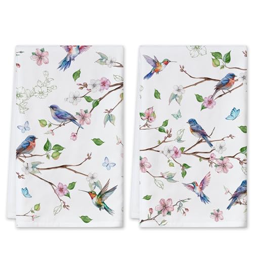 cusugbaso Lamb Easter Kitchen Towels Set of 2 Dish Towels for Kitchen,18x26 Inch Green Buffalo Plaid Easter Decor Sheep Spring Decoration (Floral Bird)