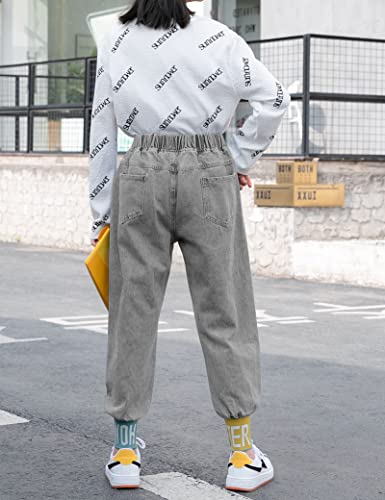 Kiench Girls Straight Jeans Distressed Ripped Hole Denim Pants Elastic Waist Pockets3