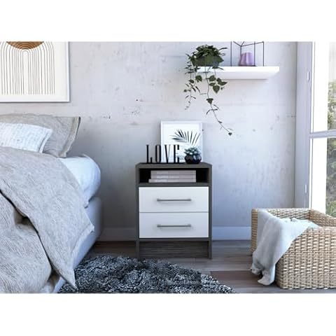 Furnivado Nightstand 20" H, Two Drawers, Superior Top, Metal Handles, Smokey Oak/White Cover