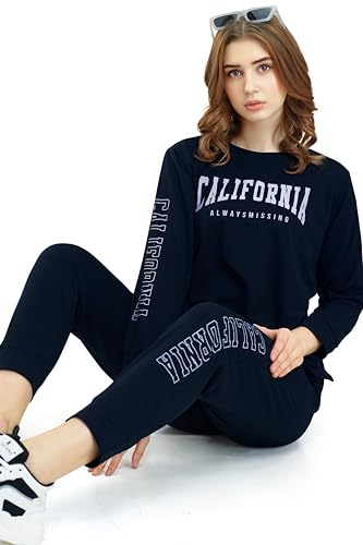 Image of ZEYO Women's Cotton Typography Printed Relaxed Night Suit Set of Top & Joggers