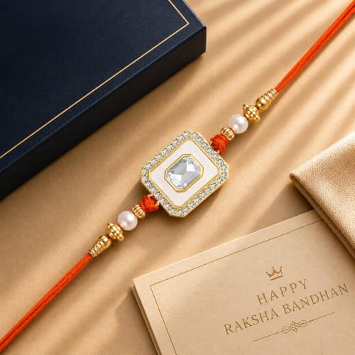 Image of Mahi Traditional Ethnic Raksha Bandhan Rakhi for Brother with Crystals and Orange Thread (RA1100859G)