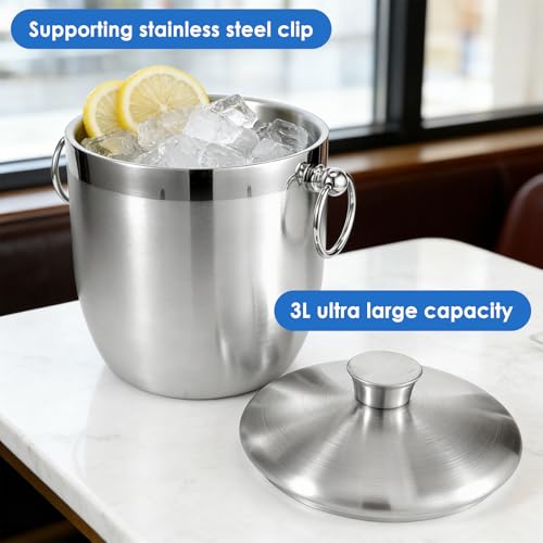 Stainless Steel Ice Bucket, 3L Double Wall Insulated Ice Bucket with Lid and Tongs, Keeps Ice Cold Longer, for Wine, Champagne & Cocktails, Parties & Drinks - Image 6