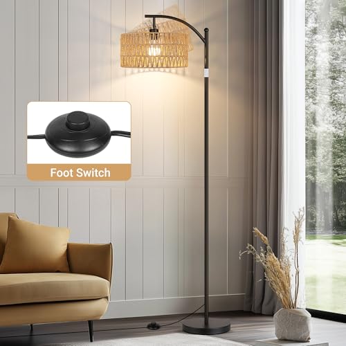 ROTTOGOON Arc Floor Lamps for Living Room, Boho Farmhouse Floor Lamp with LED Bulb, Standing Lamp with Rattan & Fabric Shades, Adjustable Tall Lamp for Bedroom Office-Black — view 4