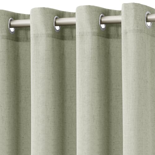 Image of Sage Green Linen Curtains 84 Inch Length for Living Room 2 Panels Set Soft Thick Textured Grommet Design Semi Sheer Light Filtering Window Curtain Drapes Burlap Look Rustic Farmhouse Home Decor 52x84