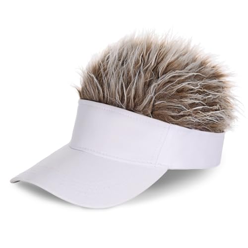 Regilt Adjustable Sun Visor Hat with Wig Spiked Hairs Fashion Baseball Golf Cap for Men & Women (White+Brown Hair)