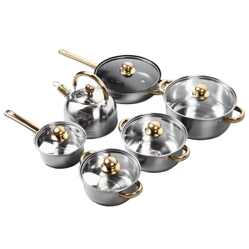 CHICIRIS Kitchen Pots Set, 12Pcs Kitchen Pot Set with Gold Handle, Stainless Steel Cookware Set for Home Cooking, Suitable for All Cooktops