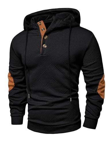 JMIERR Mens Hoodies Casual Cotton Textured Long Sleeve Half Button Pullover Hooded Sweatshirts