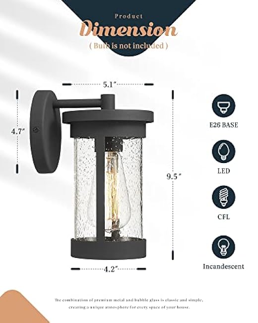 Ken & Ricky Outdoor Wall Light Fixture, Black Exterior Light Fixture, Modern Outdoor Wall Sconce with Seeded Glass for Porch Patio Garage Garden Front Door Entryway - 2 Pack