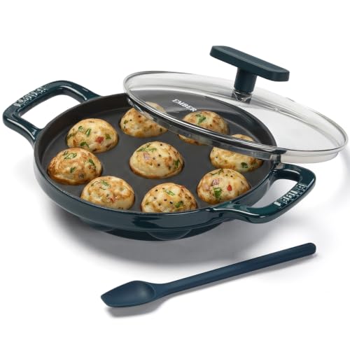 Image of Ember TitaniumClad Cast Iron Appe Pan 20 cm with Glass Lid | 9 Cavities | Rust-Proof Titanium Enamel, Lesser Seasoning Paniyaram Pan | Low-Oil Paddu Maker | Teal