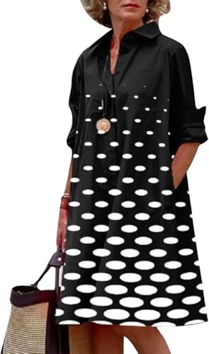 Women's Long Sleeve Shirt Dress Button Down V Neck Casual Midi Dress Printed Loose Fit Summer Dresses with Pocket