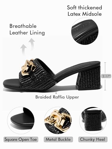 Image of Coutgo Womens Raffia Slide Sandals Chunky Block Heeled Square Open Toe Metal Chain Slip on Mules Dressy Shoes