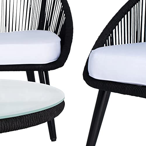 Image of DEVOKO Outdoor 4 Seater Patio Rope Garden Sectional Conversation Set with Cushioned Chair and Glass Top Table for Backyard, Pool, Terrace, Deck (Black & White)
