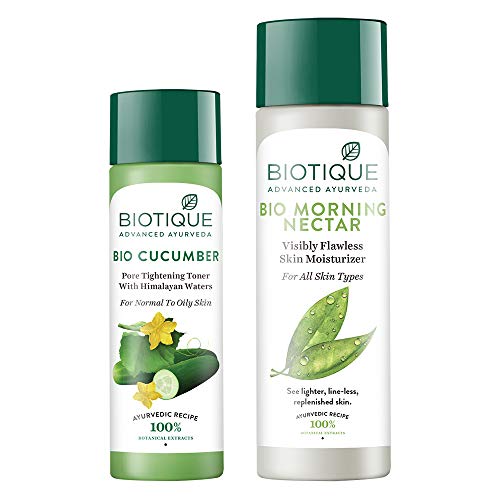 Image of Biotique Bio Cucumber Pore Tightening Toner, and Morning Nectar Flawless Skin Lotion for All Skin Types, 155 ml (Pack of 2)