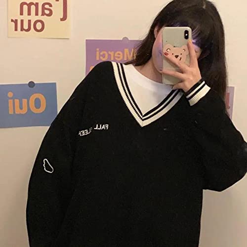 Image of Korean Women's Sweater Academy Style V-Neck Letter Pullover Women's Casual Loose Sweater