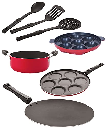 Image of Nirlon Nonstick Coated Aluminium 7 Pcs Set of Concave Tawa-28.5cm,Appam-7 Cavity,Casserole-22cm,Uttapam-4 Cavity & 3 Spoon (2.6mm CT12 AP(7) Cass22 UP4 3SPN)