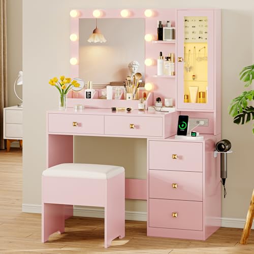 Image of Vanity Desk with Mirror and Lights, Makeup Vanity Table Set with 5 Storage Drawers, Power Outlet & Chair, Small Dressing Table with RGB Ambient Light, Adjustable Brightness for Girls Bedroom, Pink