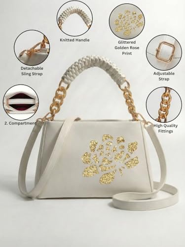 Image of LIKE STYLE Women's PU Sling Bag with Gold Glitter Floral Print | Dual Compartment Crossbody & Shoulder Bag with Braided Handle | Stylish Zip Closure Handbag for Office & Daily Use | Durable Material