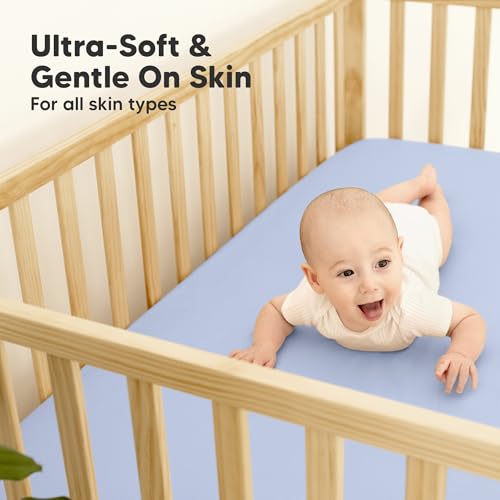 Image of 2-Pack Waterproof Baby Crib Sheets for Boys, Girls - 52x28 Viscose Derived from Bamboo Toddler Bed Sheet Neutral, Fitted Crib Mattress Protector Cover for Baby Bedding, Soft & Gentle (Blue Flax) | Viscose Derived from Bamboo Toddler Bed Sheet Neutral, Fitted Crib Mattress Protector Cover for Baby Bedding, Soft & Gentle