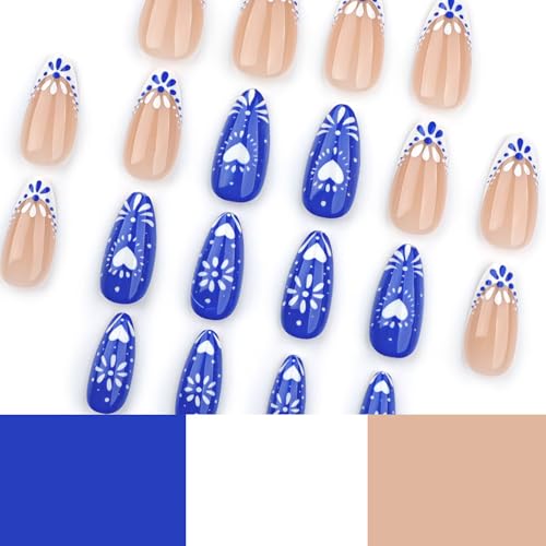 Image of Blue White Totem Press on Nails French Tip Fake Nails Short Almond False Nail with Design Heart Glue on Nails Glossy Artificial Acrylic Full Cover Nude Stick on Nail for Women Manicure 24Pcs