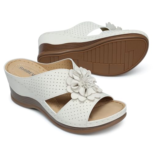 Image of SHIBEVER Womens Wedge Sandals Dressy: Arch Support Slip-On Comfortable Summer Sandals Open Toe Flower Casual Platform Shoes Size 5-11