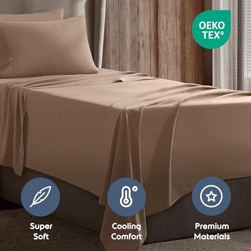 Image of Nestl Twin Bed Sheet Set - Taupe - 3-Piece Deep Pocket | Instantly Soft, Night-One Ready (No Wash Required). Fits 16-Inch Deep Pockets, 360-Degree Elastic Grip