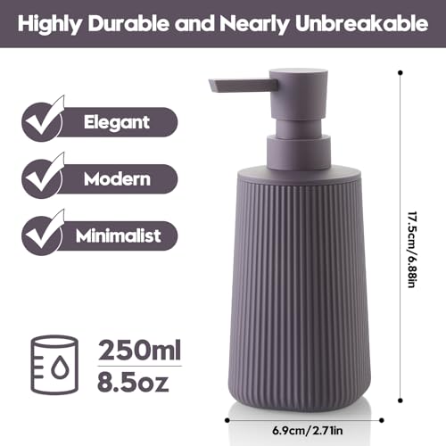 Image of Small Soap Dispenser for Bathroom and Kitchen, Modern Farmhouse Striped Style Plastic Hand Soap Dish Soap Dispenser with Pump Matte Purple