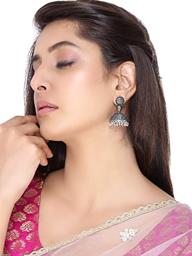 Image of Yellow Chimes Earrings for Women and Girls Traditional Silver Oxidised Jhumka German Silver Earring Set Dome Shaped Dangler Jhumki Earrings Combo | Birthday Gift For Girls and Women