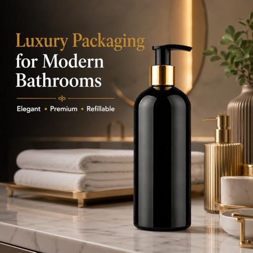 Image of Prakash Empty Plastic Black Golden Pump Bottles Dispenser 500ml Portable Shampoo Lotion Hand Bottle (Black Golden Pump 500ML, Pack of 3)