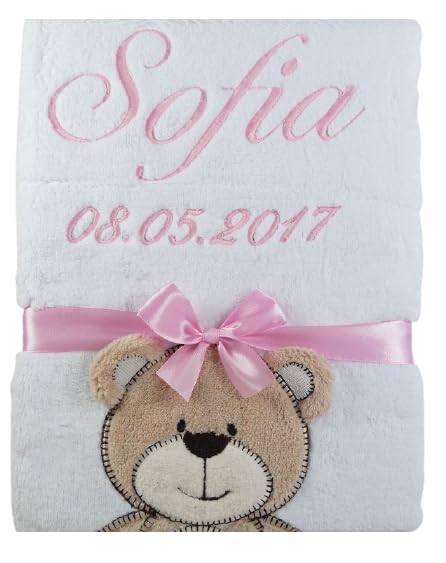 BotoBaby Kuschlige Babydecke mit Namen & Geburtsdatum – Weiße Decke mit Bären-Applikation – Personalisiertes Geschenk zur Geburt, Taufe & Babyshower, 75x100 cm, Öko-Tex (Weiß - Teddybär)