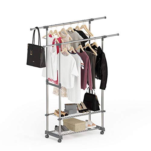 stardis Kleiderständer auf Rollen mit Ablagen ausziehbar höhenverstellbar Doppelte Edelstahl Kleiderstange grau stabil belastbar Garderobenständer Kleiderwagen B 90–153 x T 42 x H 95–170 cm