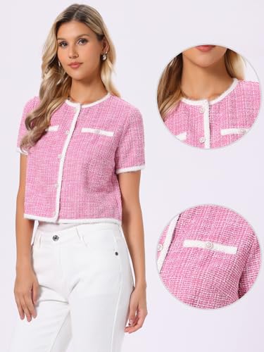 Image of Allegra K Short Sleeve Tweed Jacket for Women Summer Crew Neck Button Front Cropped Cardigan