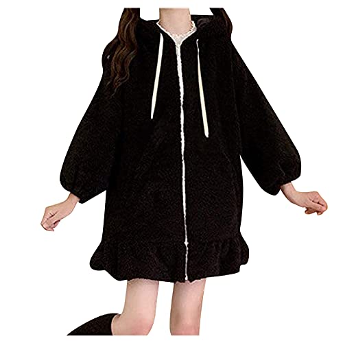 IQYU Cazadora de peluche para mujer, mullida, ropa para adolescentes, niña, chaqueta de invierno Kawaii Aesthetic Jacket oversized Felpa, cálida, chaquetas de peluche, lindas orejas de conejito,