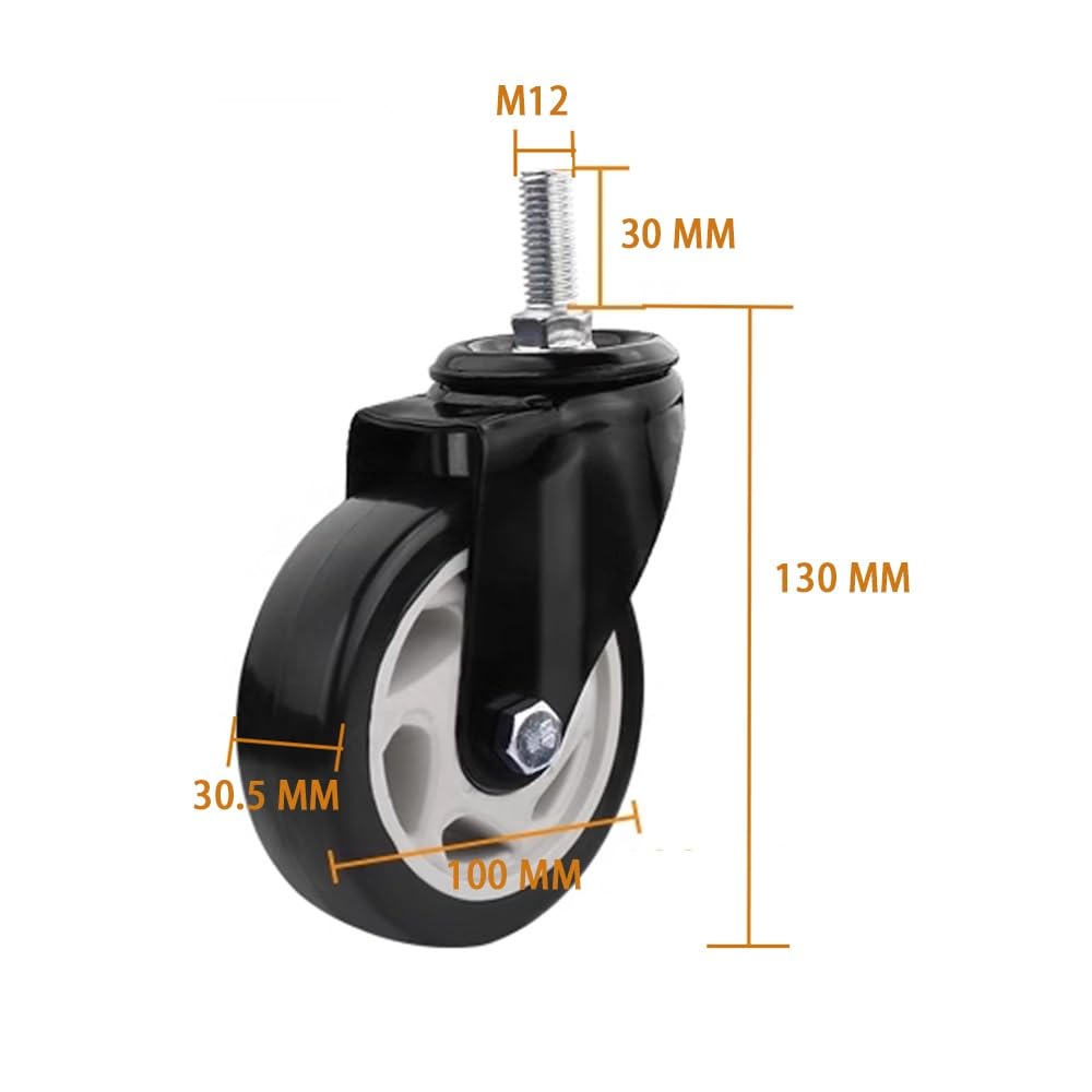 Pesanti PU Ruote in Gomma 4 Pezzi, 4 Pollice Ruote Pivottanti con Freni, M12 Stelo Filettato Ruote per Carrelli, Scaffali(Swivel)