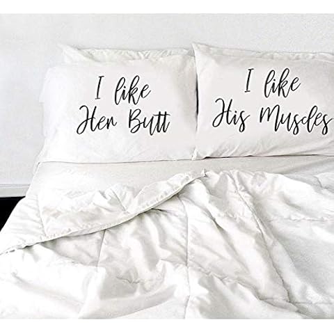Signatives I Like her Butt I Like his Muscles Pillow Cases - Couples Gifts - Printed Pillowcase - Wedding Gifts White Pillow Cover - Bedroom Decor - Set of 2 - Couples Pillowcases Cover